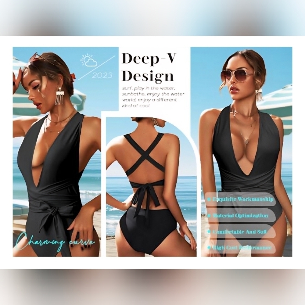 Lilosy Sexy Tie Criss Cross Plunge One Piece #1068 NWOT - Picture 10 of 11